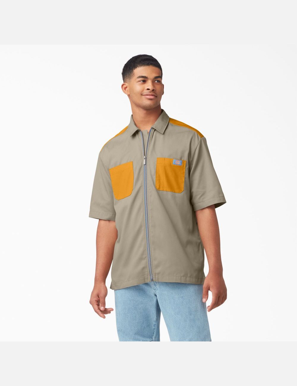 Desert Sand/Radiant Yellow Dickies Mixed Media Zip Front Short Sleeve Work Shirts | 735ENCYVH