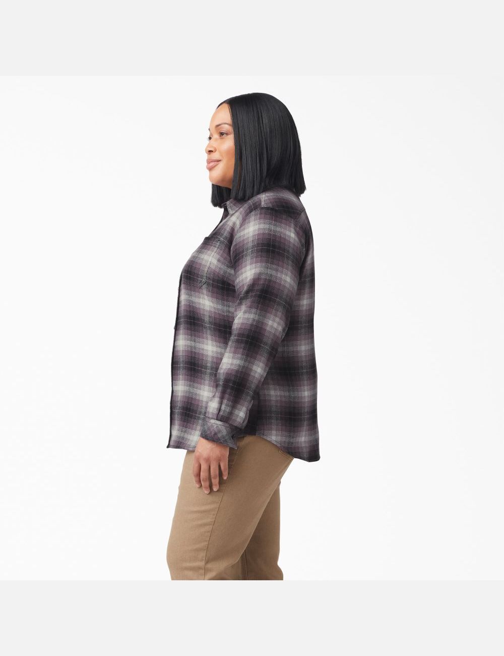 Dusty Purple Highland Plaid Dickies Plus Size Long Sleeve Plaid Flannel Shirt Button Up | 485IACDMX