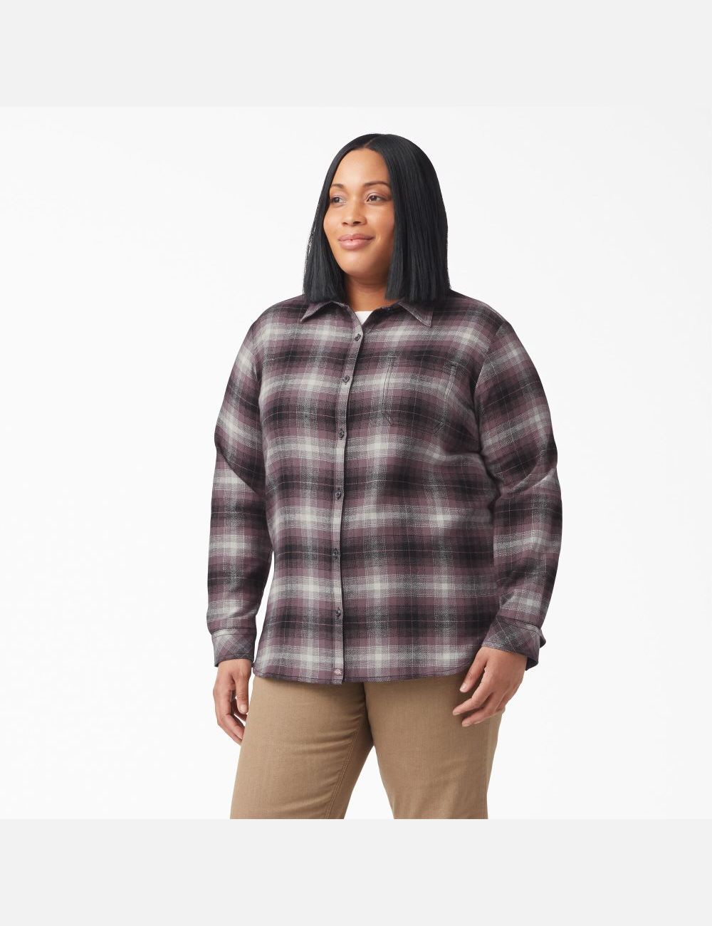 Dusty Purple Highland Plaid Dickies Plus Size Long Sleeve Plaid Flannel Shirt Button Up | 485IACDMX