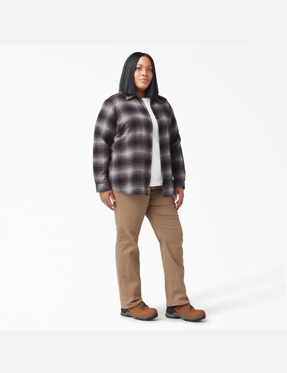 Dusty Purple Highland Plaid Dickies Plus Size Long Sleeve Plaid Flannel Shirt Tops | 857BKIYPN