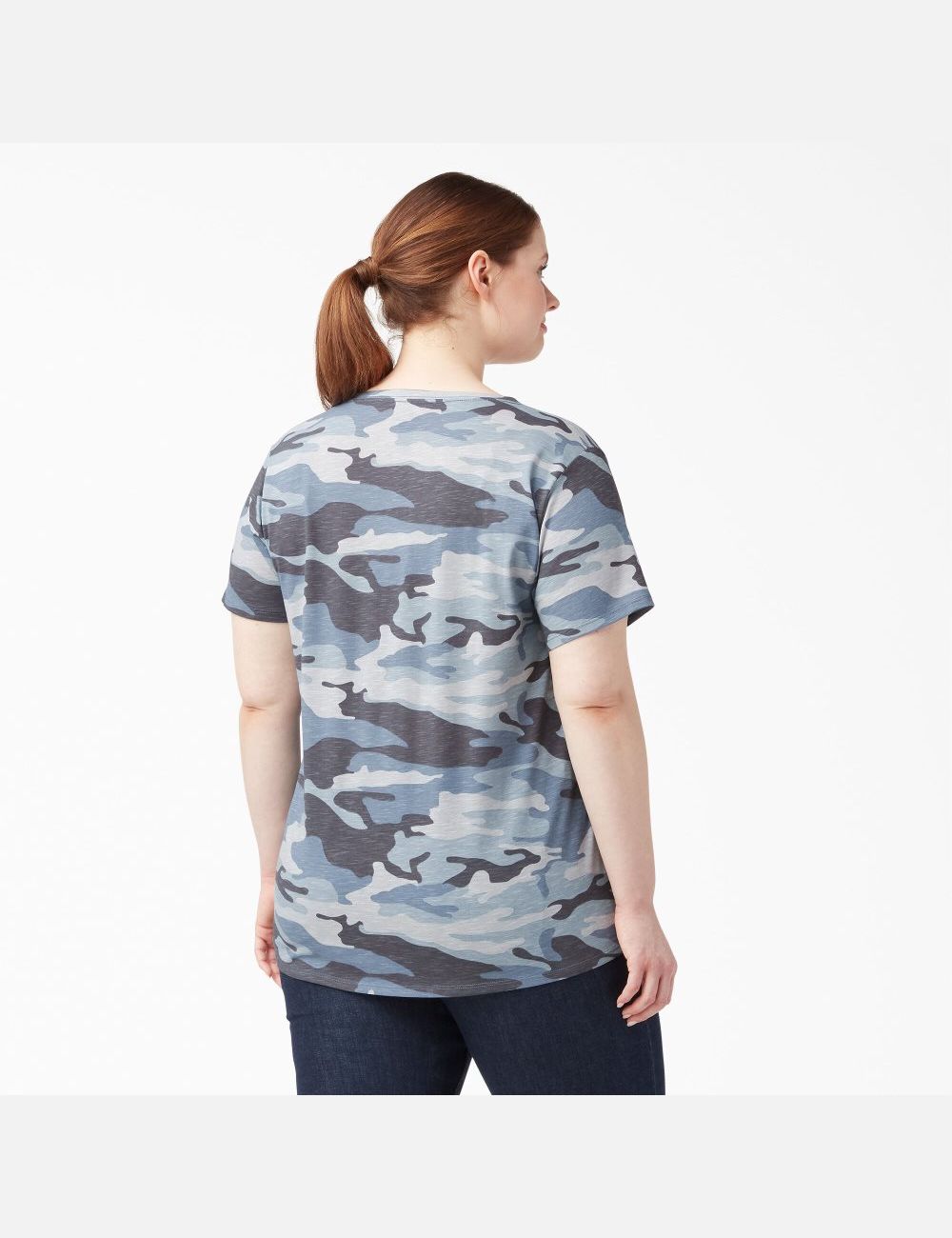 Flint Blue Camo Dickies Plus Short Sleeve V-Neck T-Shirts | 379SQDULJ