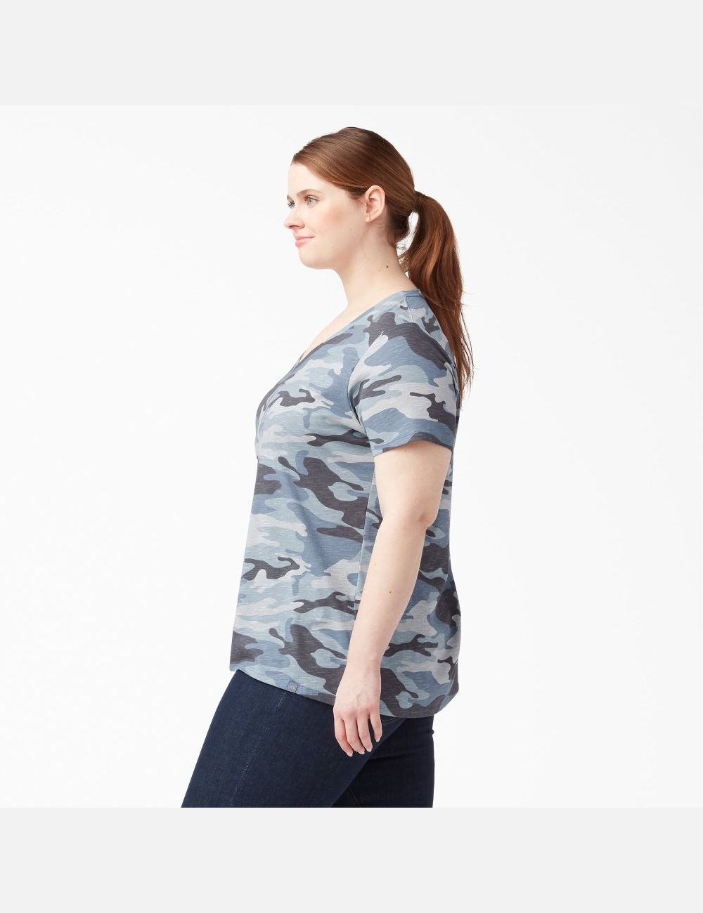 Flint Blue Camo Dickies Plus Short Sleeve V-Neck T-Shirts | 379SQDULJ