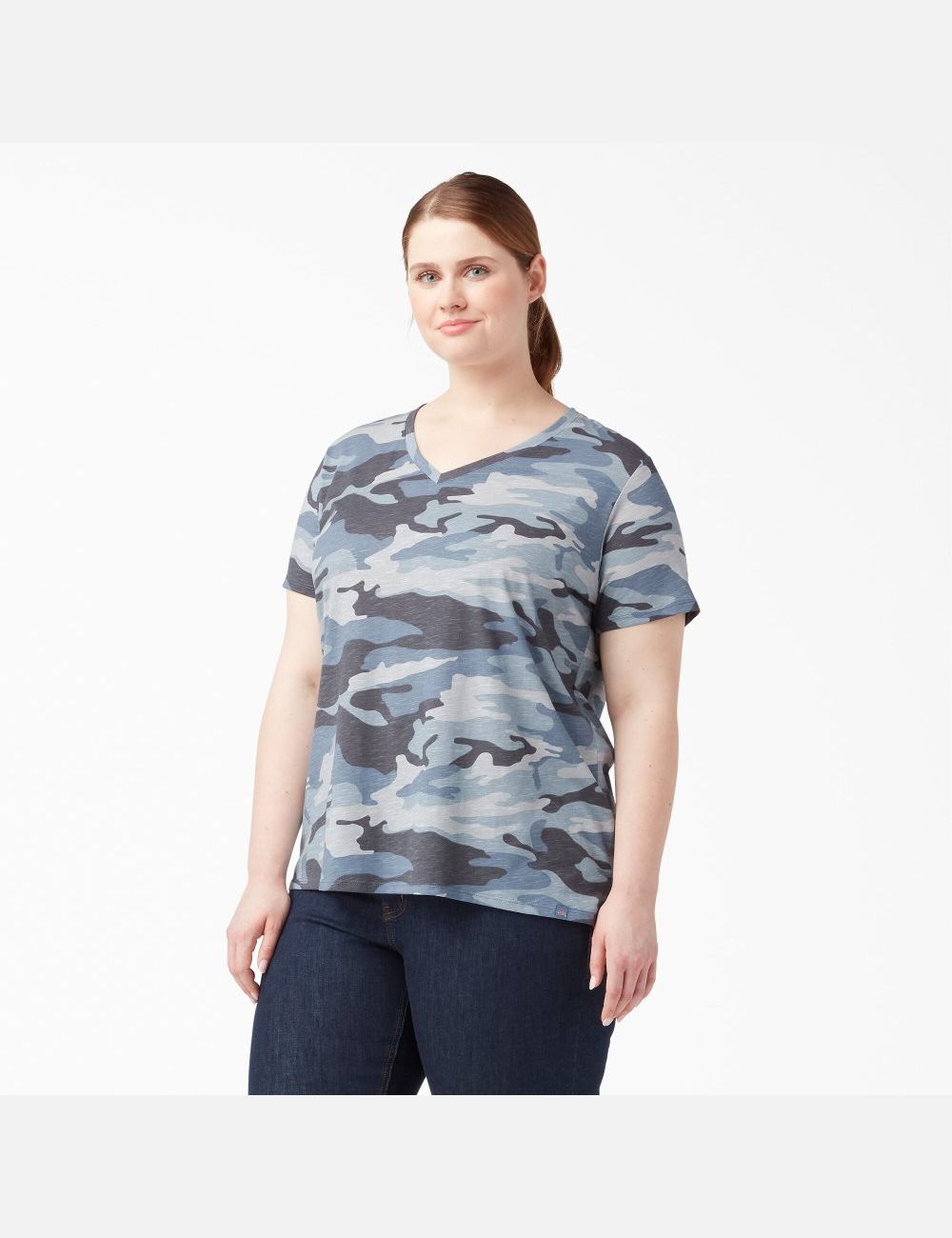 Flint Blue Camo Dickies Plus Short Sleeve V-Neck T-Shirts | 379SQDULJ