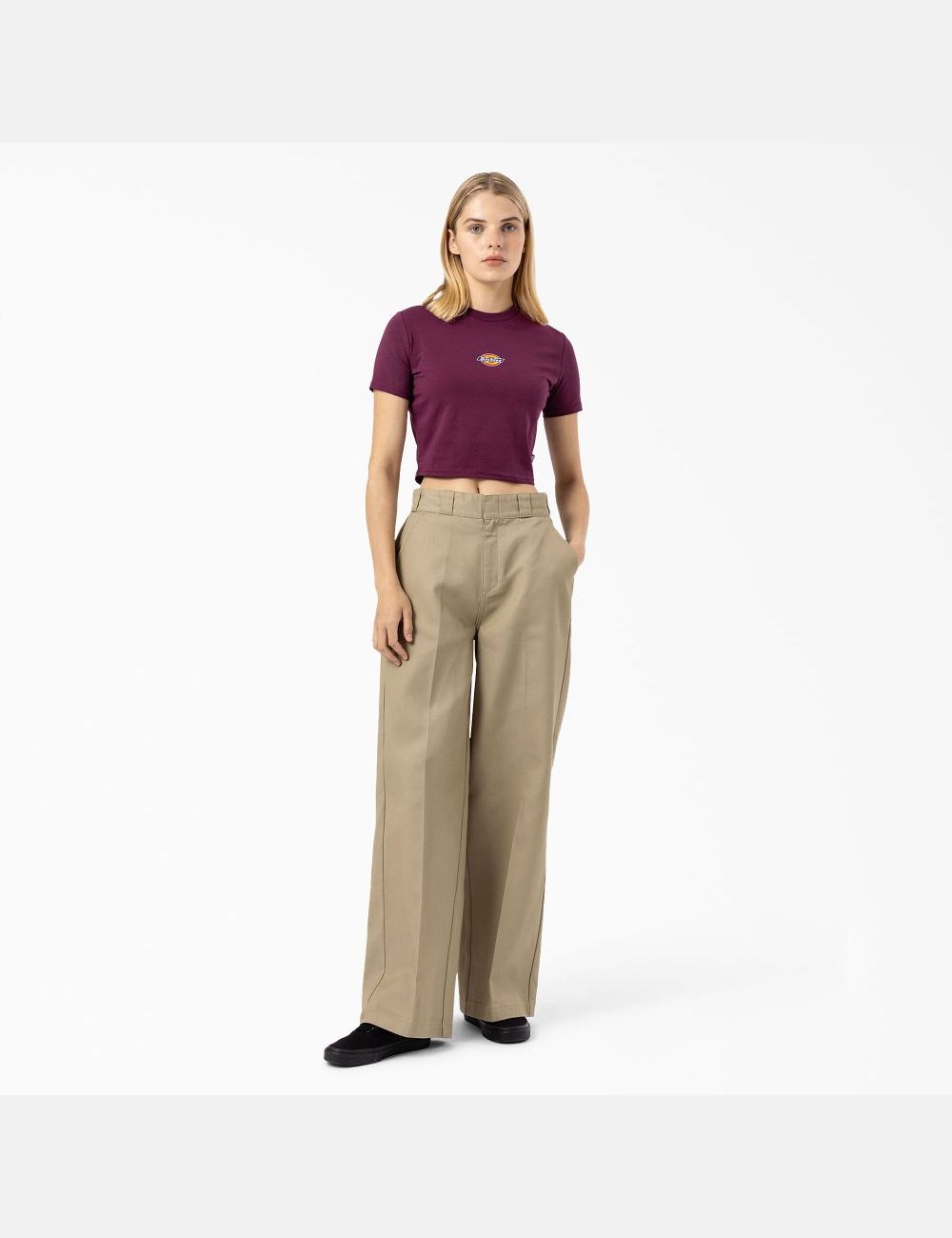 Grape Wine Dickies Maple Valley T-Shirt Cropped Tops | 082OYTIBE