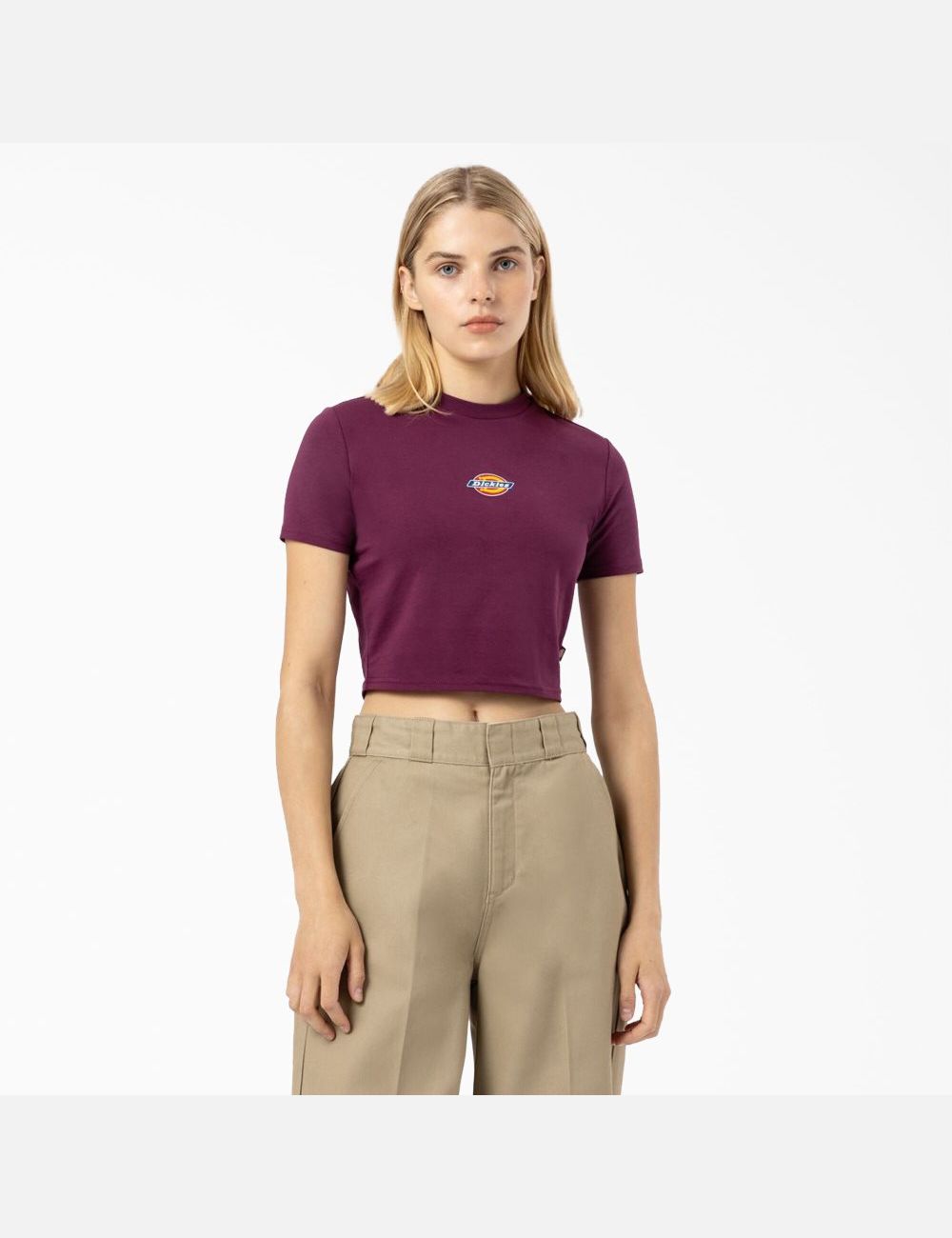 Grape Wine Dickies Maple Valley T-Shirt Cropped Tops | 082OYTIBE