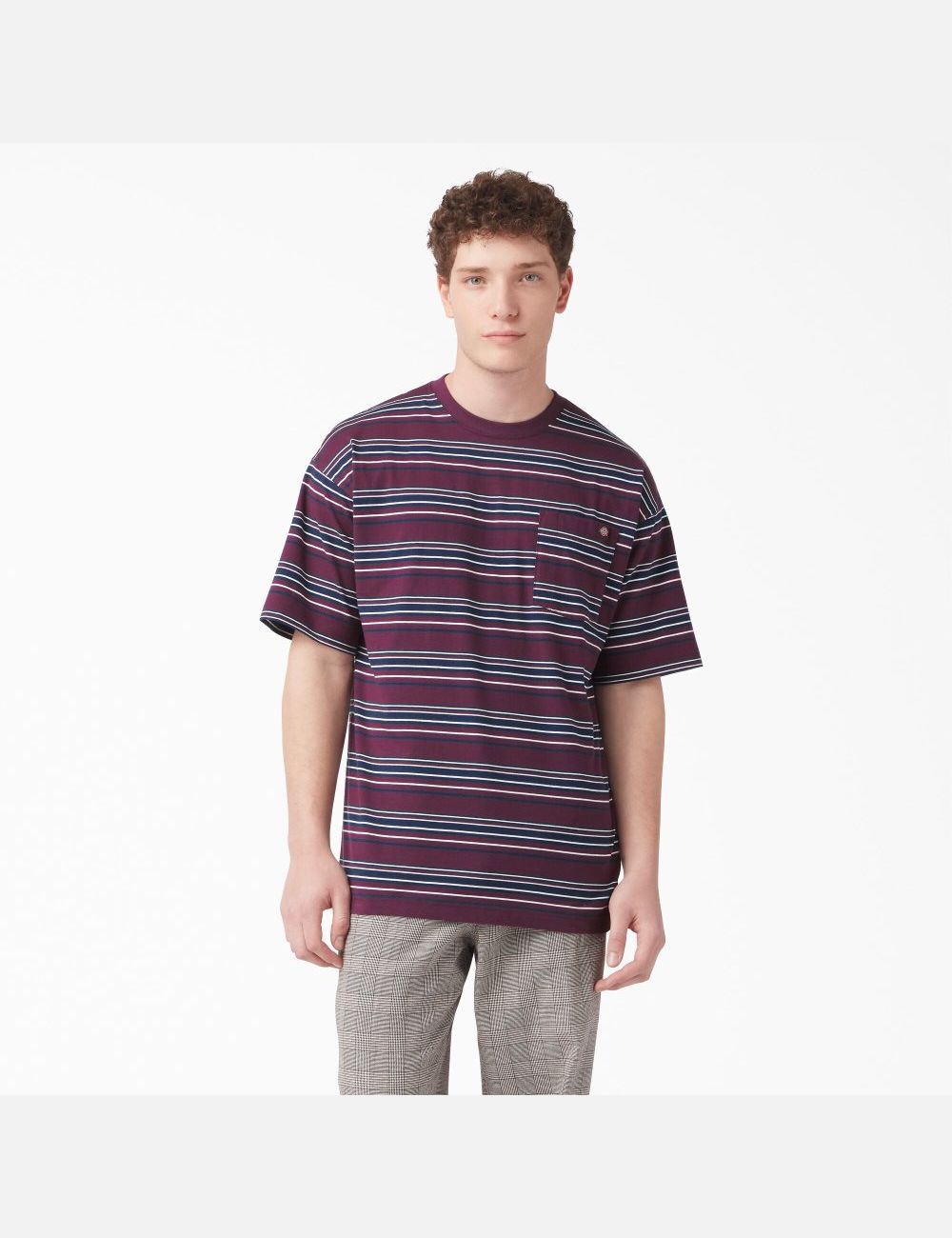 Grape Wine Stripe Dickies Relaxed Fit Striped Pocket T-Shirts | 403NFDWIZ