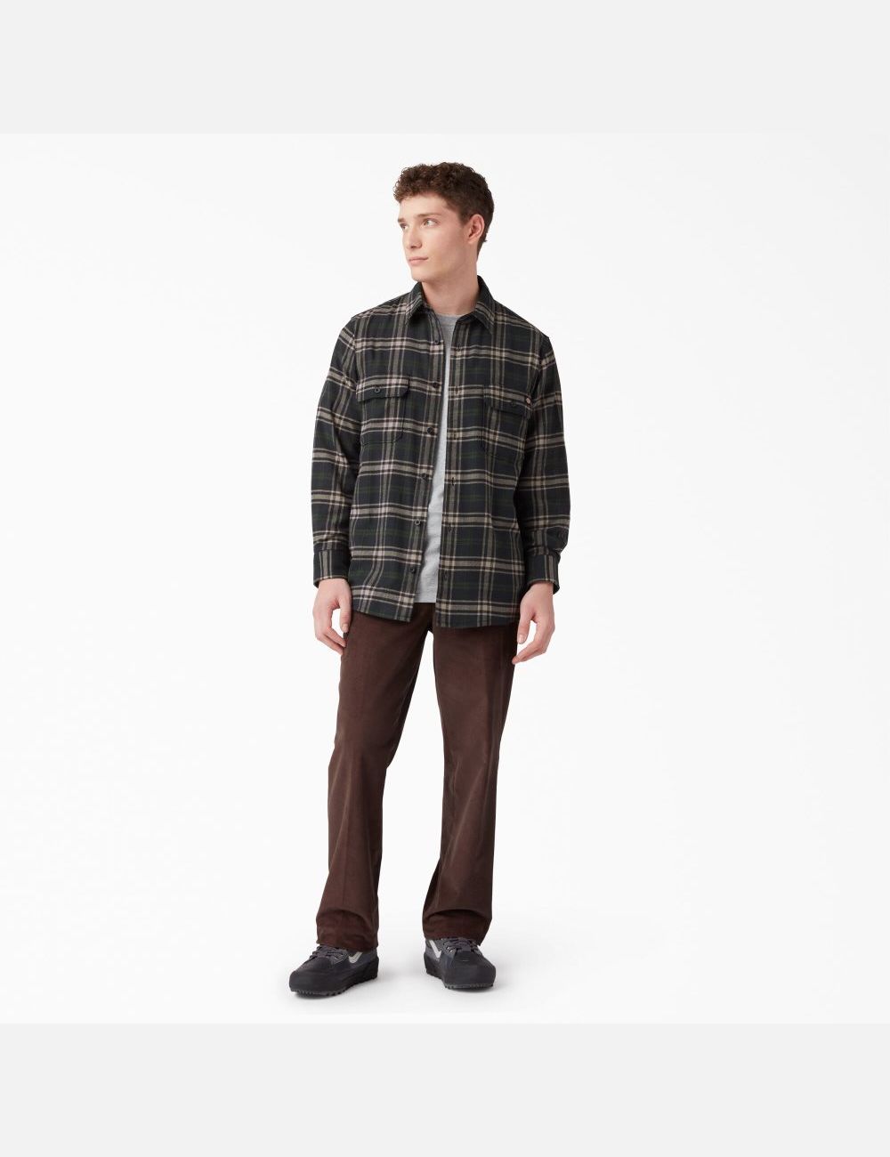 Green/Black Plaid Dickies FLEX Regular Fit Flannel Shirt Button Up | 489ZJOLAM