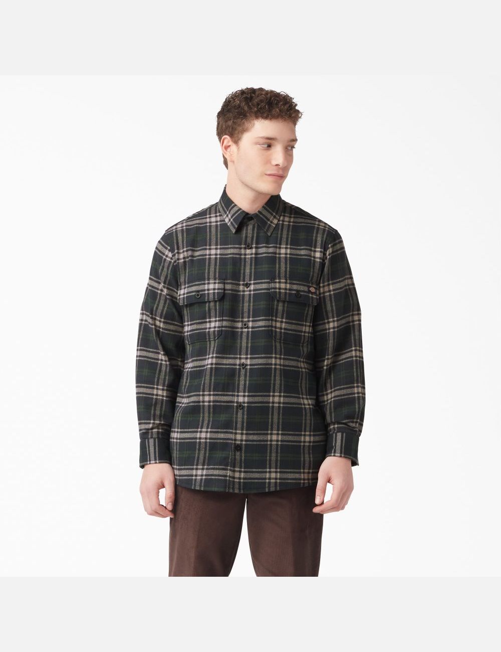 Green/Black Plaid Dickies FLEX Regular Fit Flannel Shirt Button Up | 489ZJOLAM