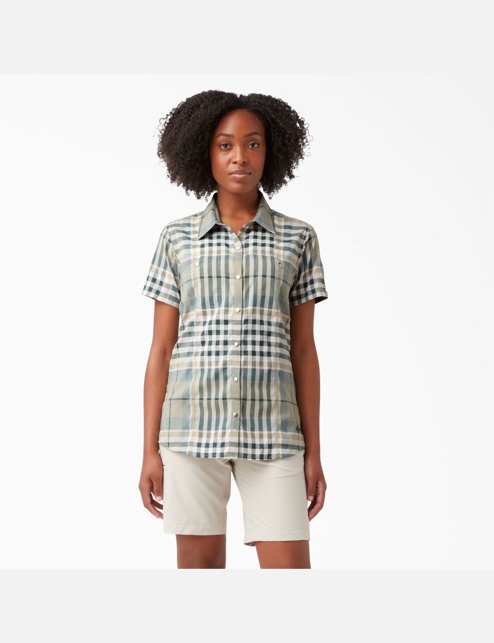 Green Plaid Dickies Cooling Short Sleeve Work Shirt Button Up | 062ODFKNC