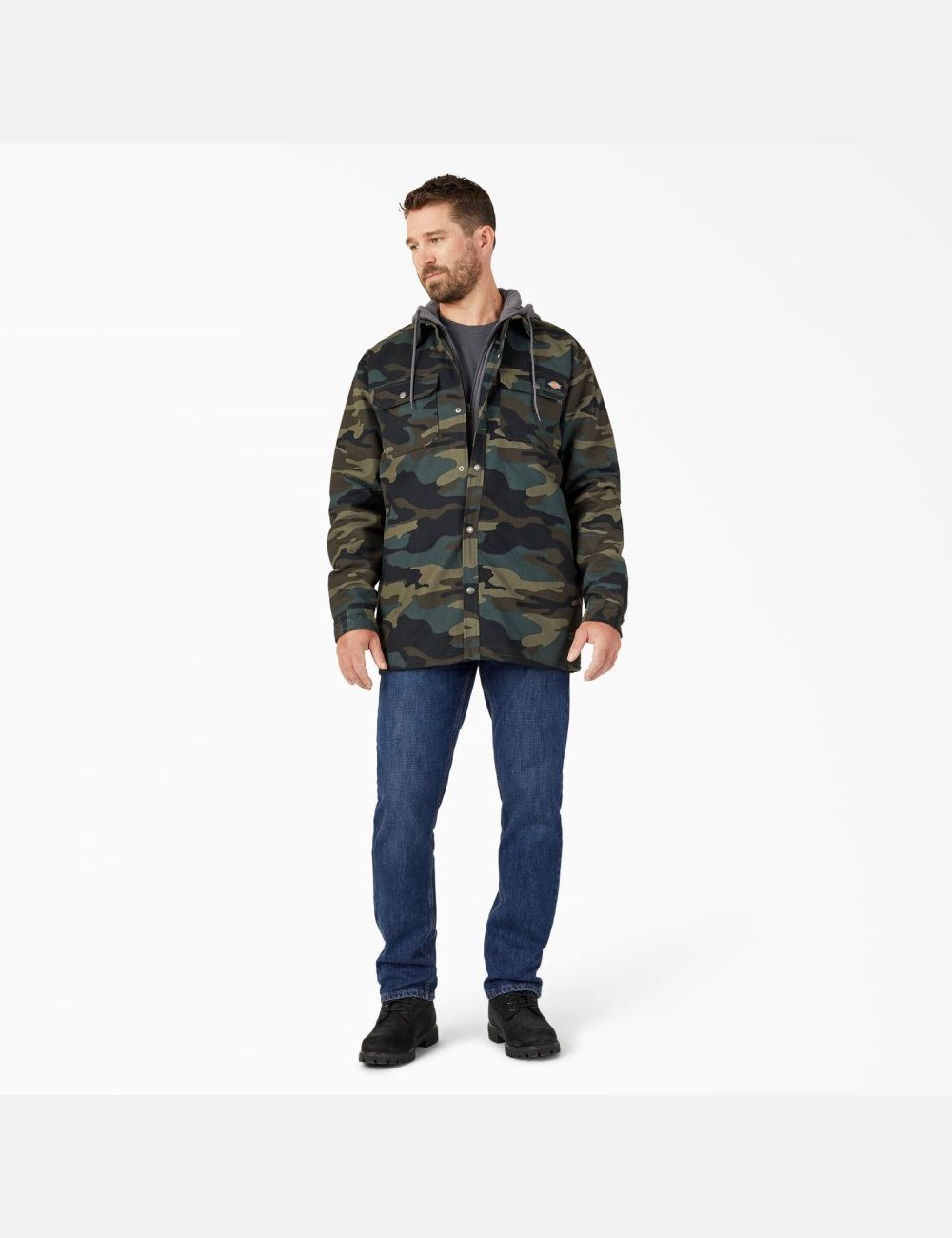 Hunter Green Camo Dickies Hydroshield Duck Hooded Shirt Jackets | 462BWXZUN