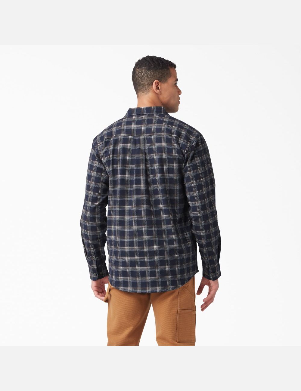 Ink Navy/Chocolate Brown Plaid Dickies FLEX Long Sleeve Flannel Shirt Button Up | 032HGROMD