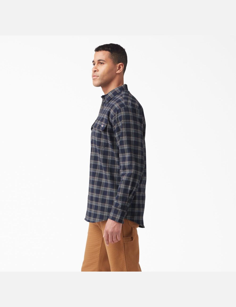 Ink Navy/Chocolate Brown Plaid Dickies FLEX Long Sleeve Flannel Shirt Button Up | 032HGROMD