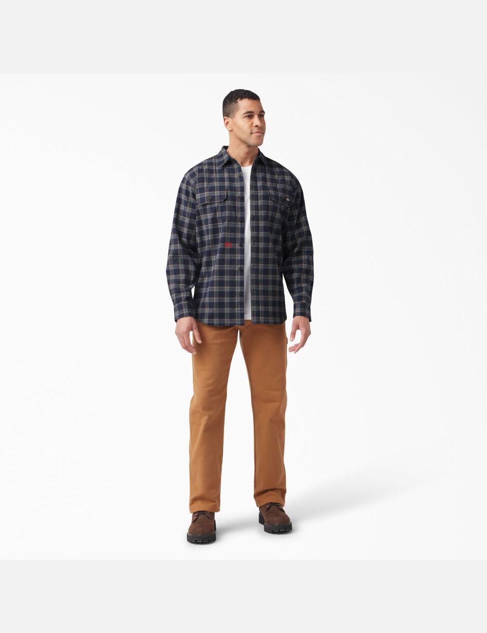 Ink Navy/Chocolate Brown Plaid Dickies FLEX Long Sleeve Flannel Shirt Button Up | 032HGROMD