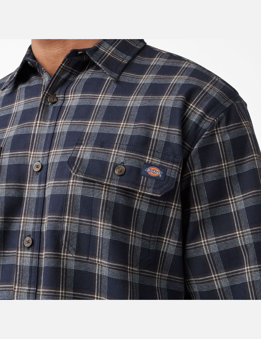 Ink Navy/Chocolate Brown Plaid Dickies FLEX Long Sleeve Flannel Shirt Button Up | 032HGROMD