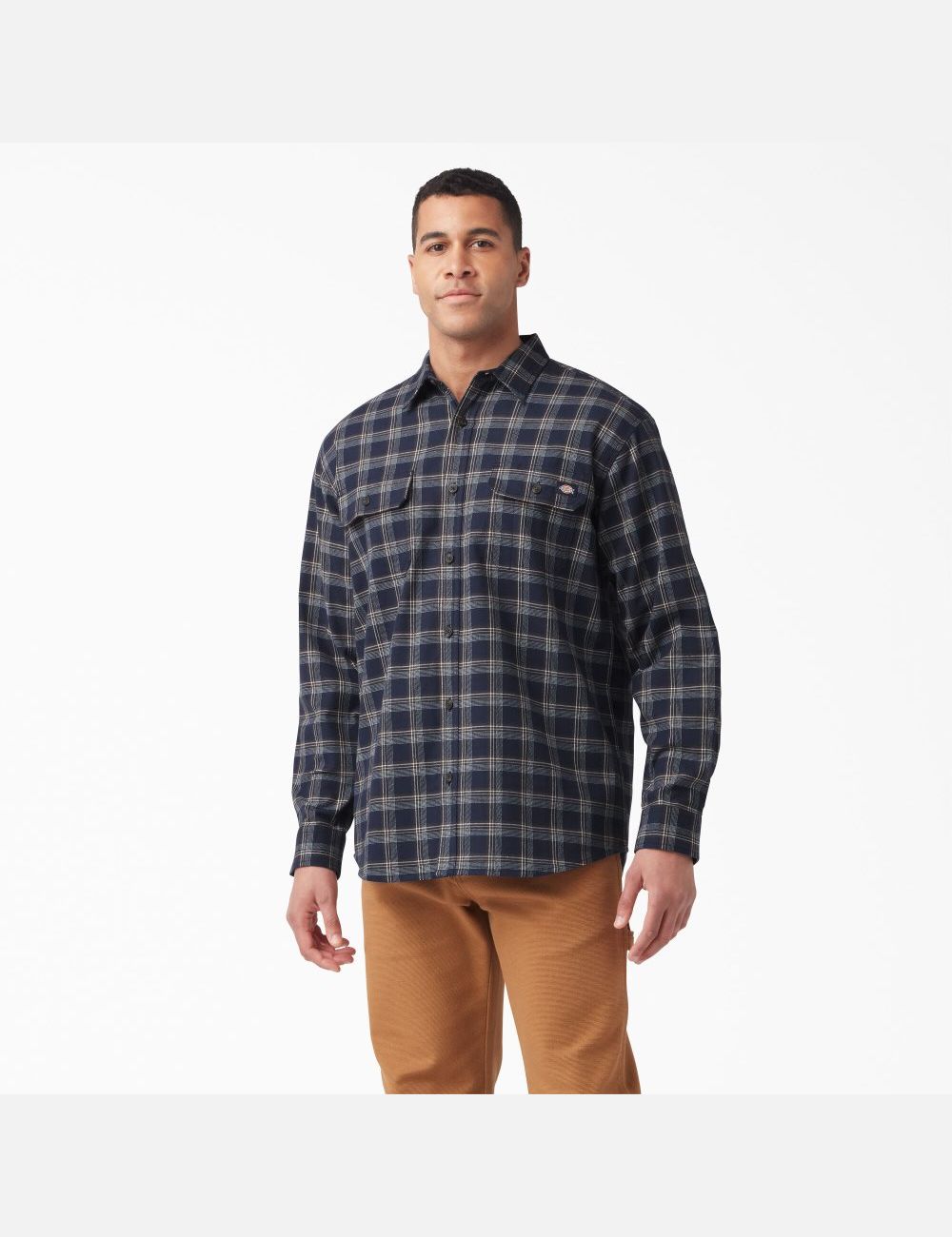 Ink Navy/Chocolate Brown Plaid Dickies FLEX Long Sleeve Flannel Shirt Button Up | 032HGROMD