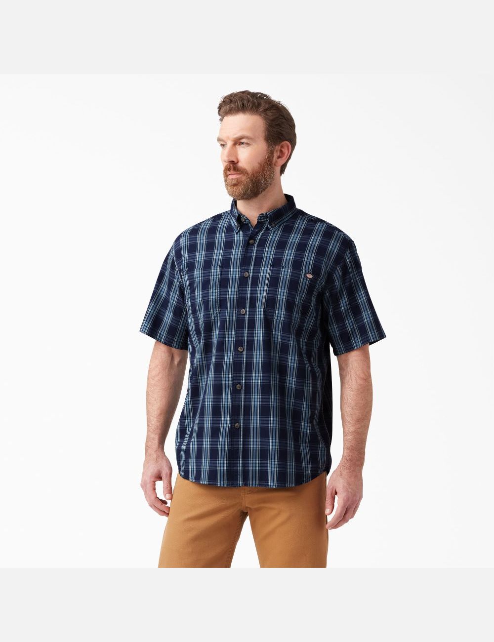 Ink Navy Dusty Blue Plaid Dickies Short Sleeve Woven Shirt Button Up | 310AVJFPC