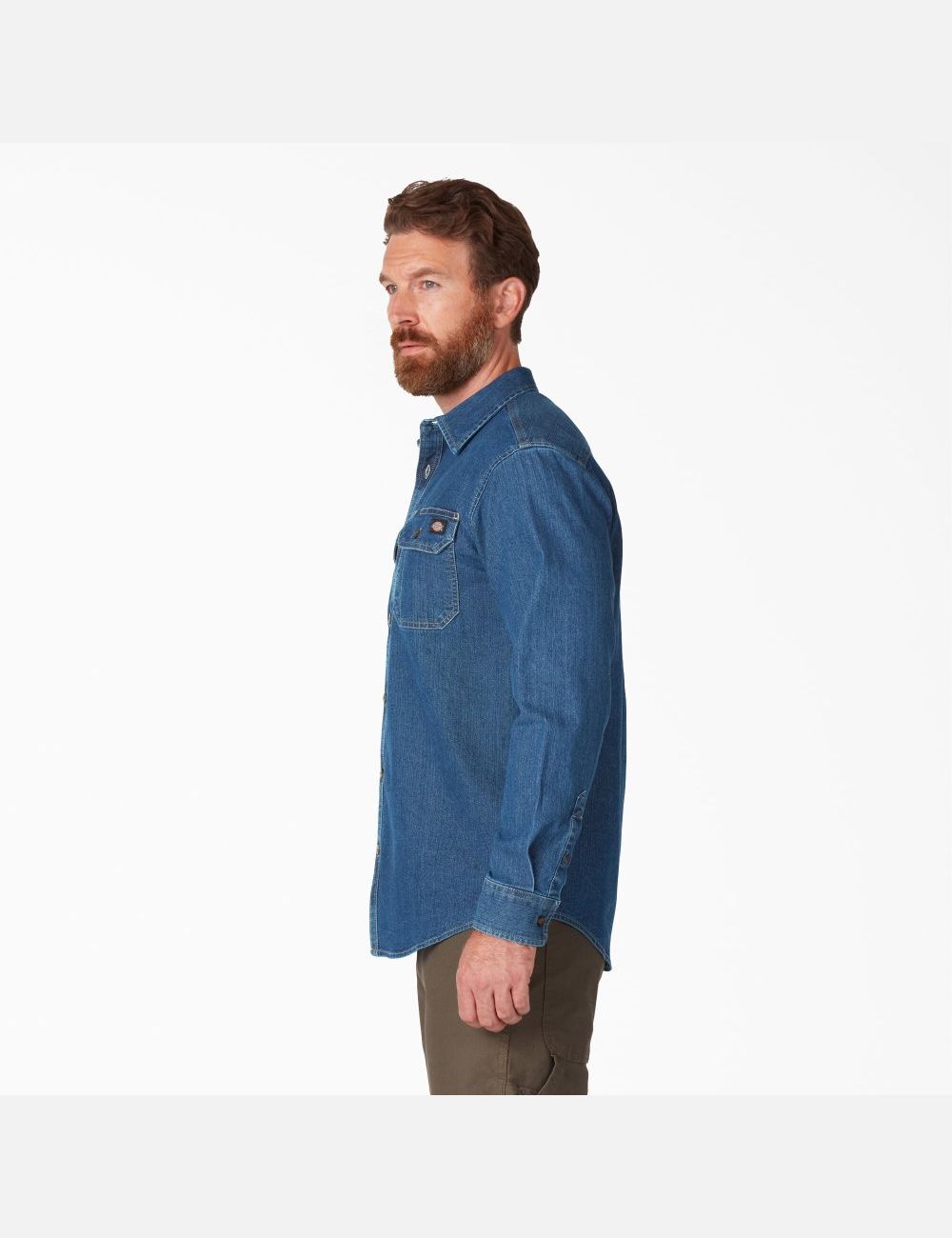 Medium Denim Wash Dickies FLEX Denim Long Sleeve Work Shirts | 623GJUPFM