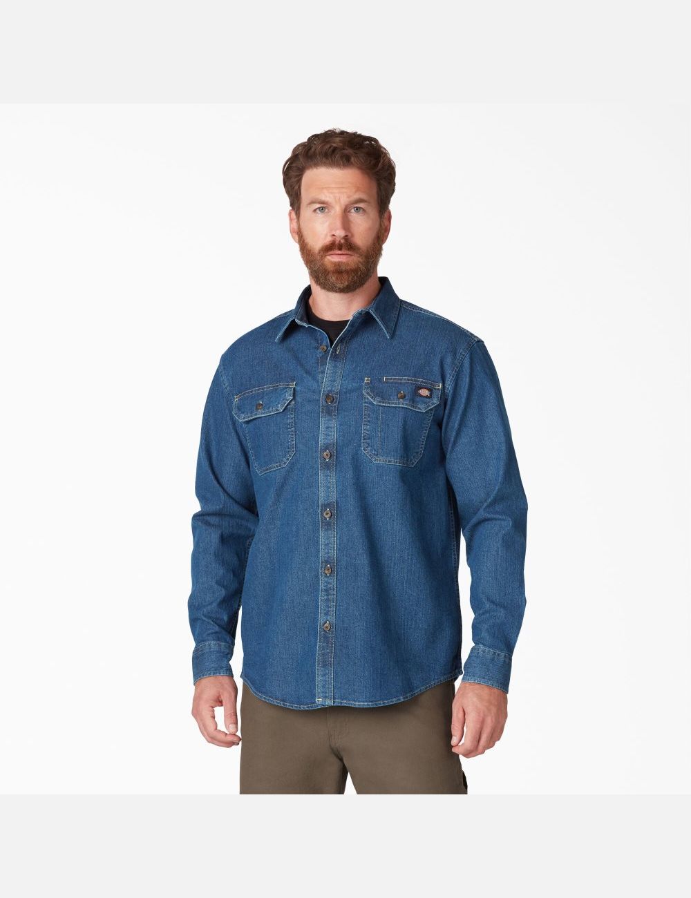 Medium Denim Wash Dickies FLEX Denim Long Sleeve Work Shirts | 623GJUPFM