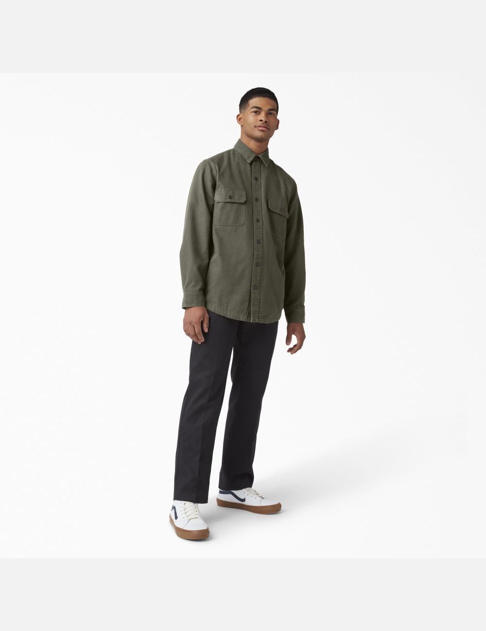 Military Green Dickies Duck Flannel-Lined Shirt Button Up | 021EKYAWG