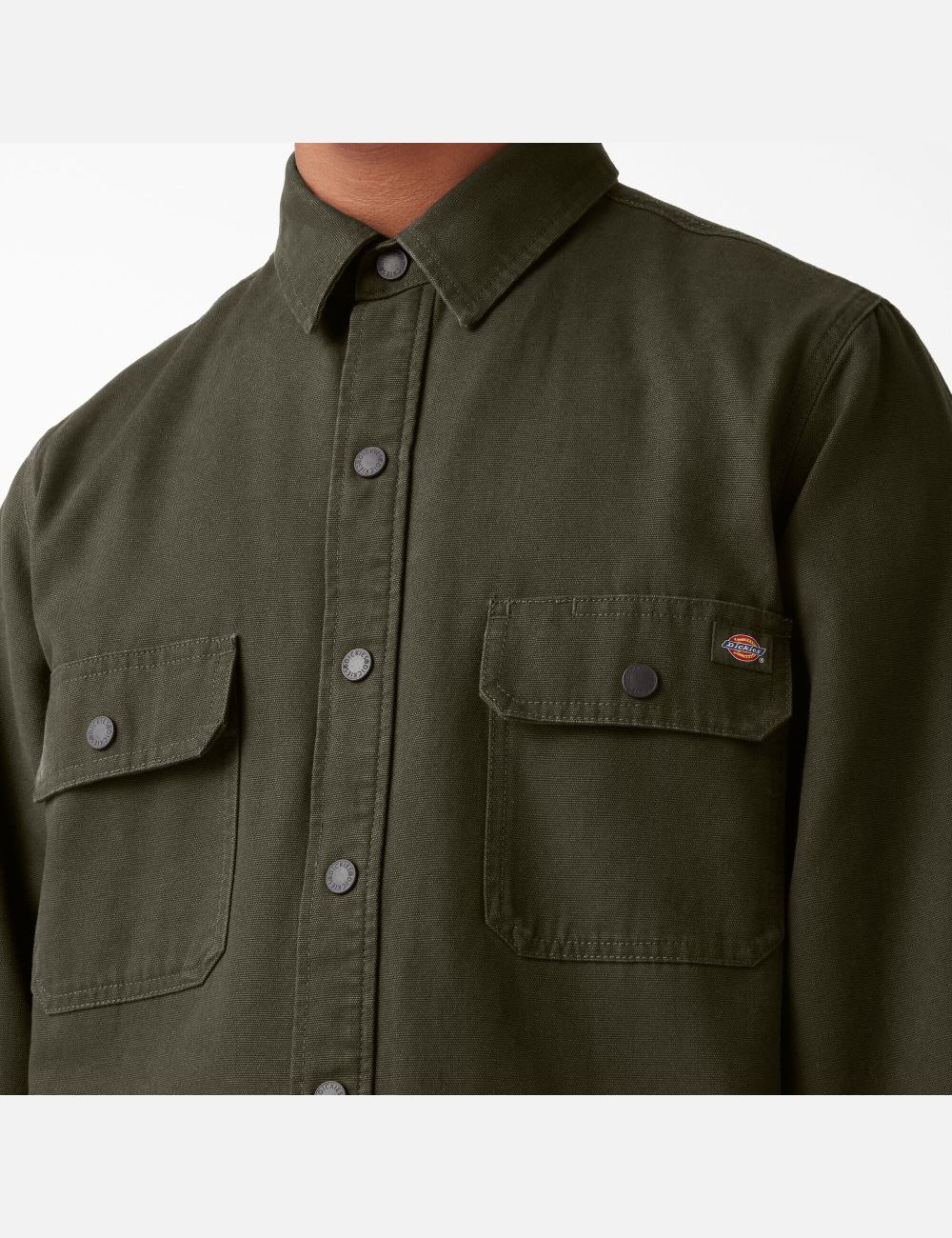 Military Green Dickies Duck Flannel-Lined Shirt Button Up | 021EKYAWG