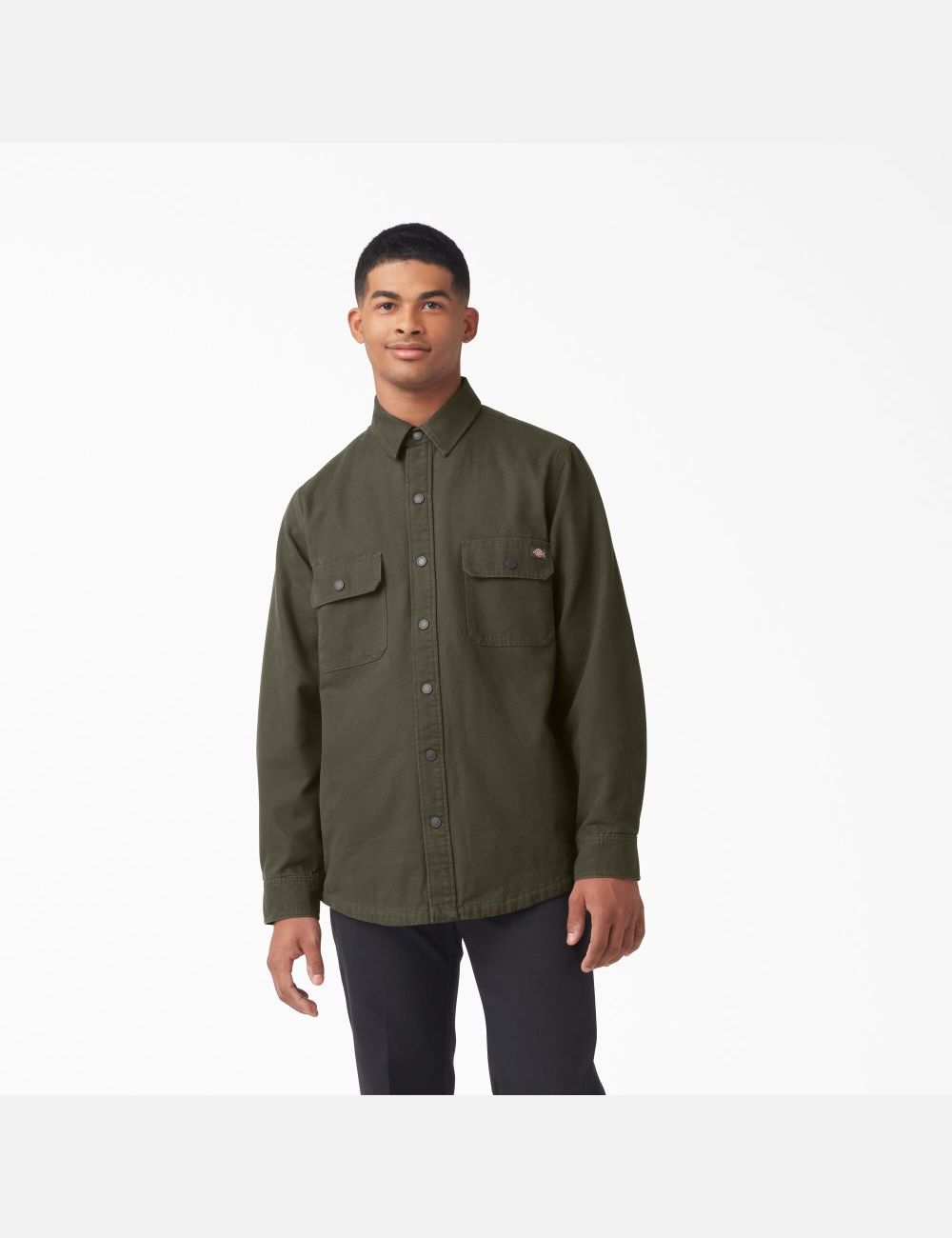 Military Green Dickies Duck Flannel-Lined Shirt Button Up | 021EKYAWG