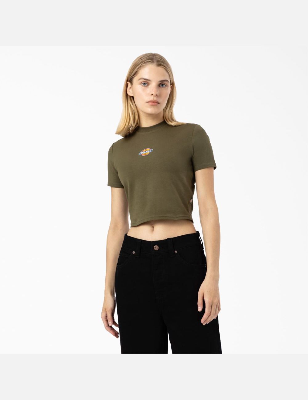 Military Green Dickies Maple Valley T-Shirt Cropped Tops | 213OYQGKI