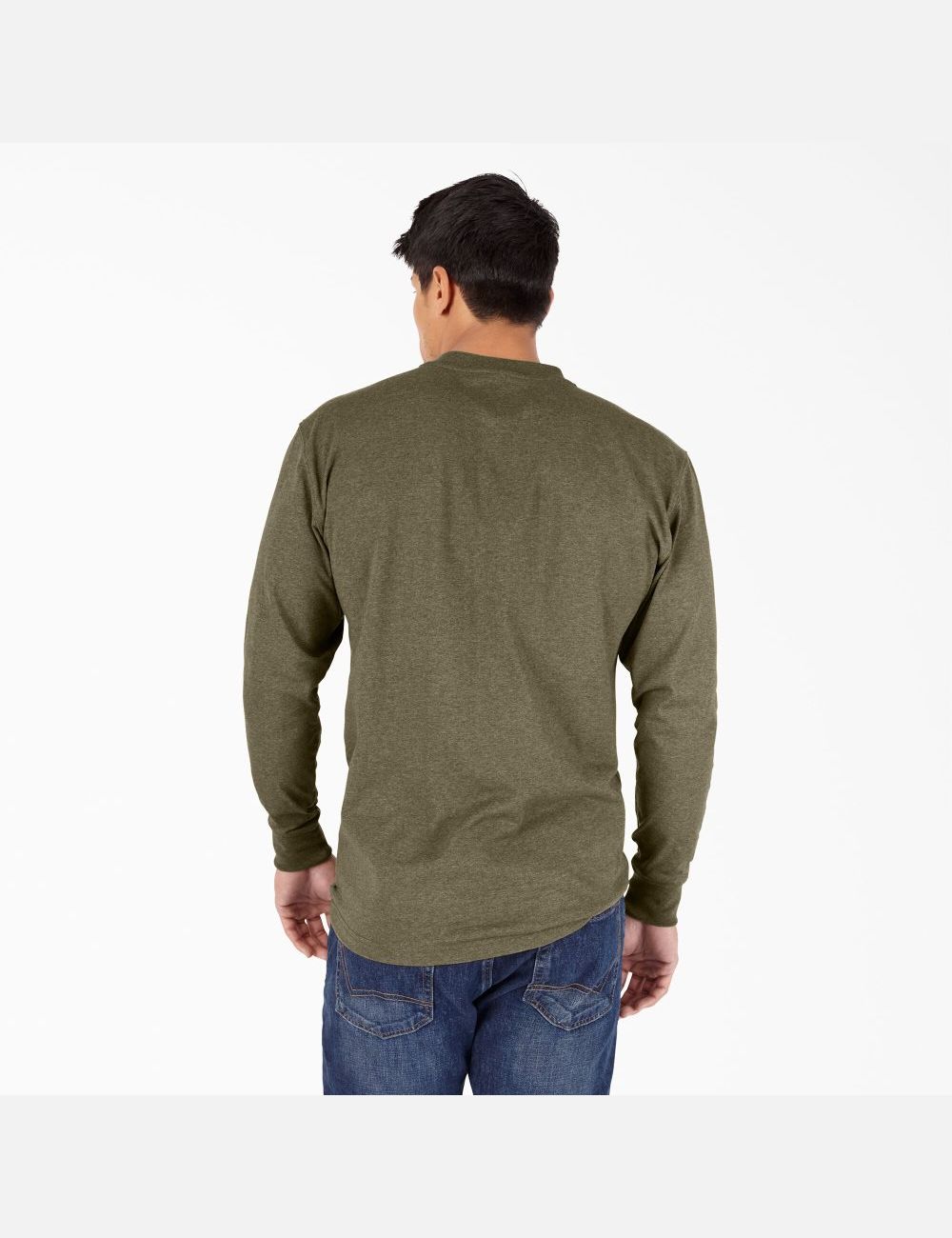 Military Green Heather Dickies Heathered Heavyweight Henley Shirts | 018XKNBFM