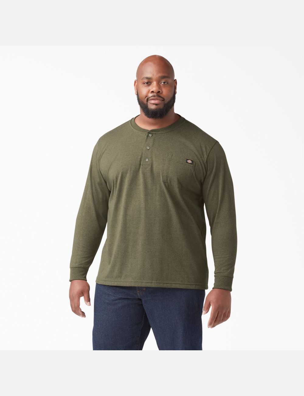 Military Green Heather Dickies Heathered Heavyweight Henley Shirts | 018XKNBFM