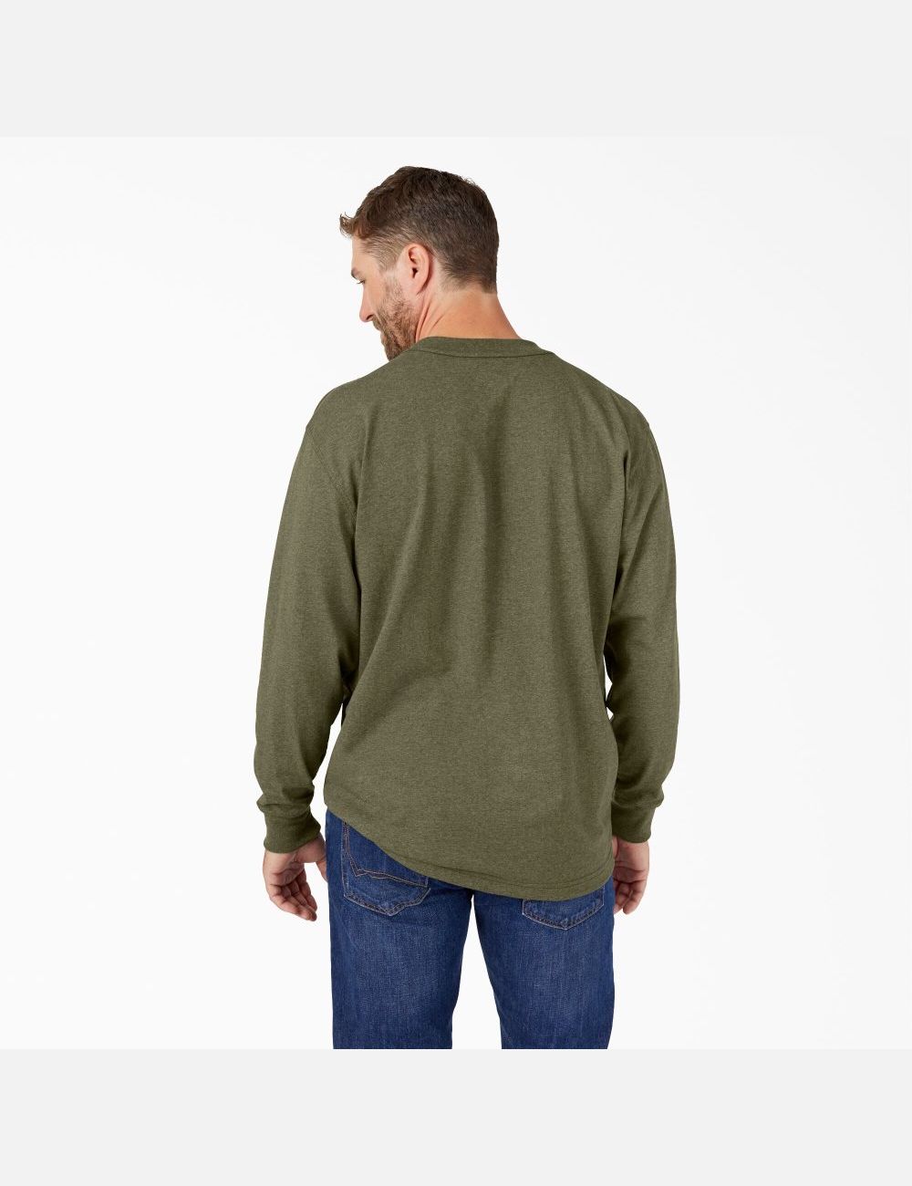 Military Green Heather Dickies Long Sleeve Heathered Heavyweight Crew Neck Shirts | 692XVIODY