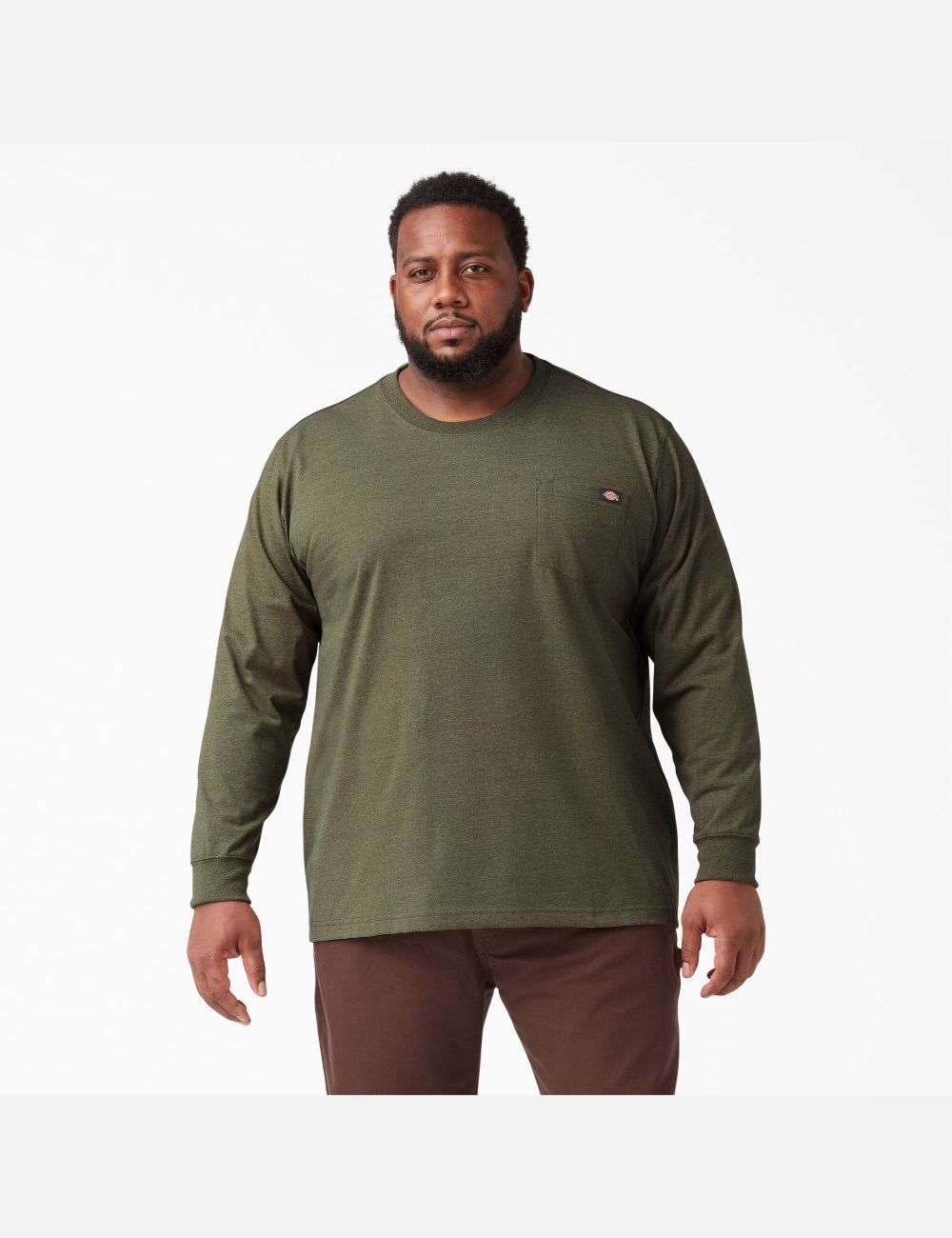 Military Green Heather Dickies Long Sleeve Heathered Heavyweight Crew Neck Shirts | 692XVIODY