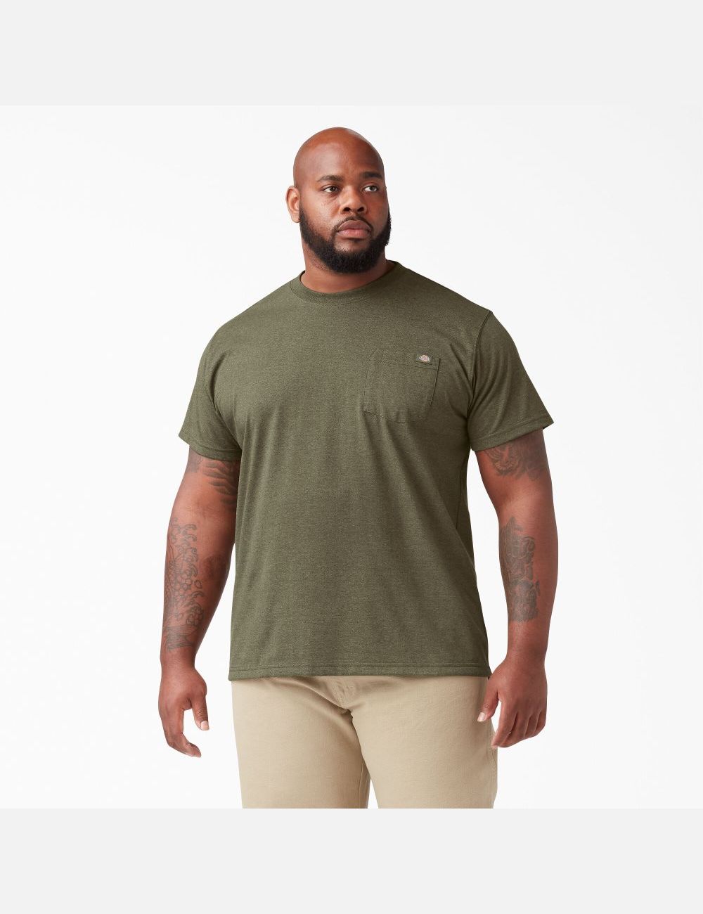 Military Green Heather Dickies Short Sleeve Heavyweight Heathered Shirts | 694RJXNMU