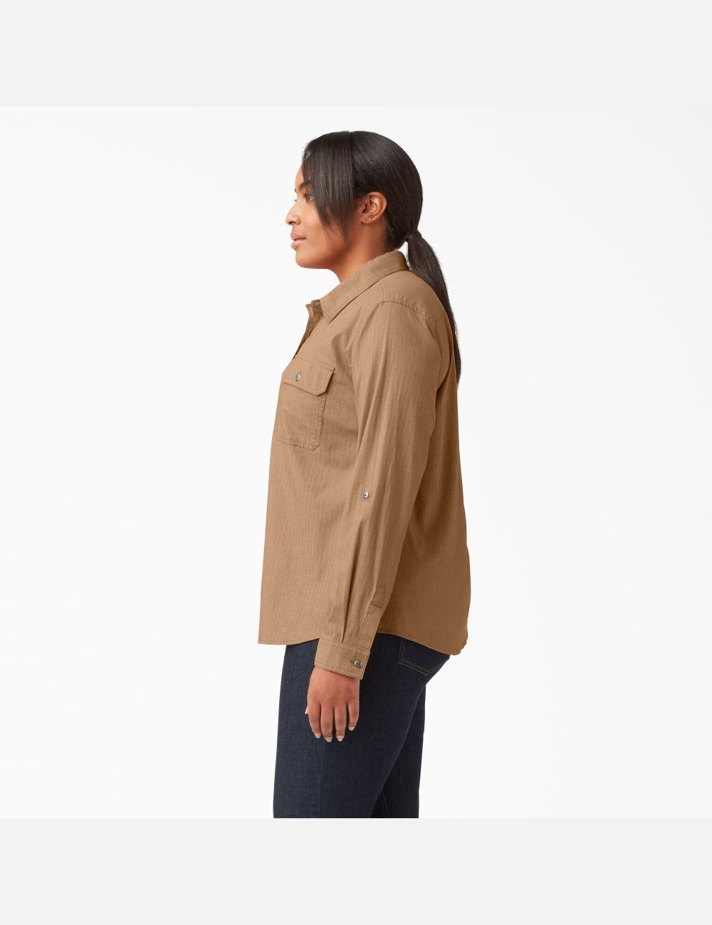 Nutmeg Yarn Dye Dickies Plus Long Sleeve Roll-Tab Work Shirt Tops | 087TEPGVW