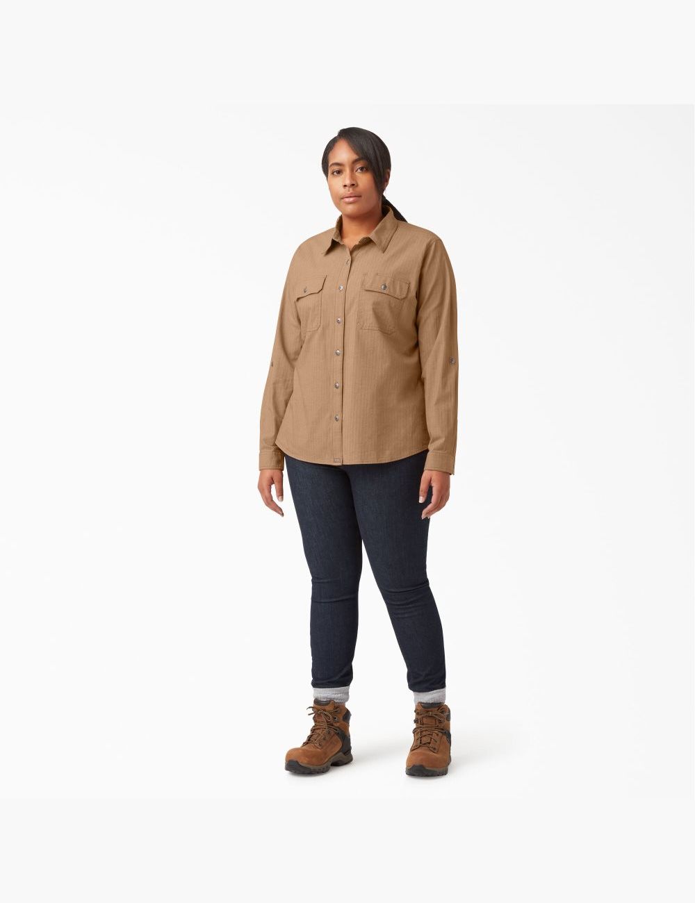 Nutmeg Yarn Dye Dickies Plus Long Sleeve Roll-Tab Work Shirt Button Up | 150LTPNMQ