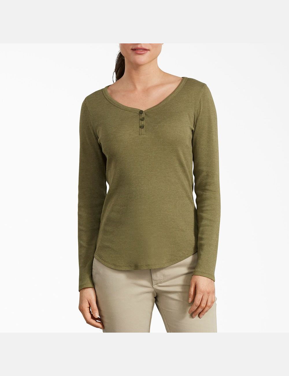 Olive Dickies Henley Long Sleeve T-Shirts | 680KUVLGP