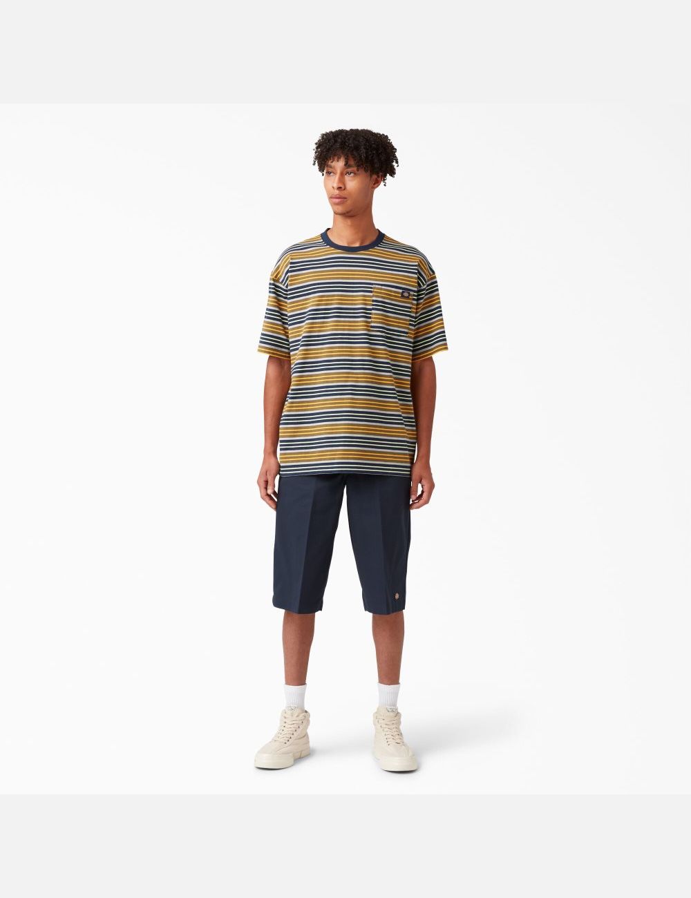 Radiant Yellow Stripe Dickies Relaxed Fit Striped Pocket T-Shirts | 504TFYNKG