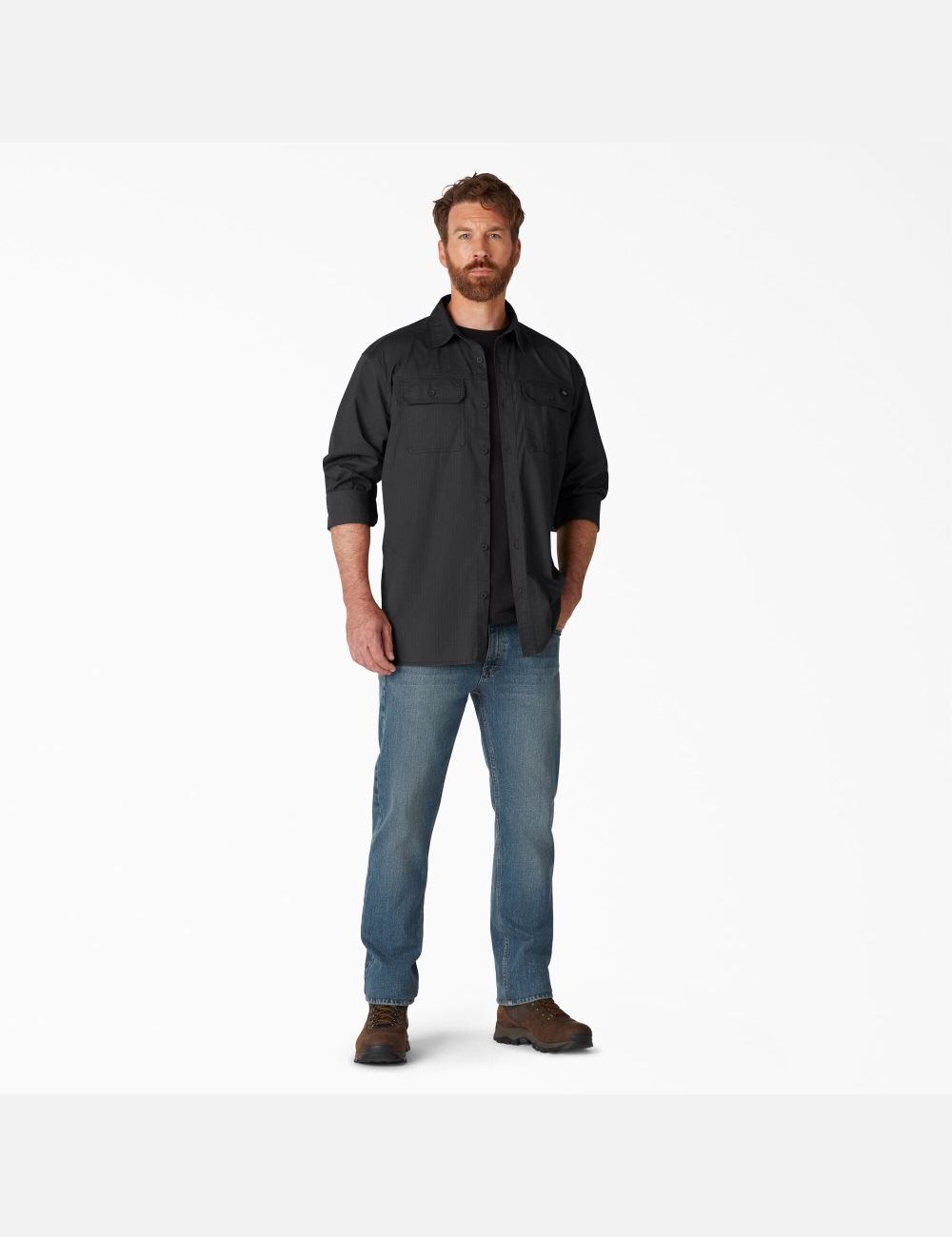 Rinsed Black Dickies FLEX Ripstop Long Sleeve Work Shirts | 708MNHTIX