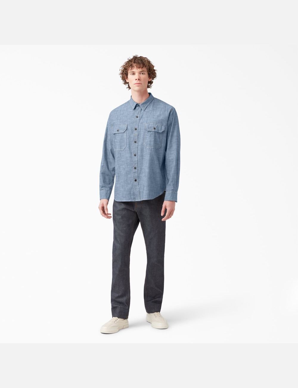 Rinsed Blue Chambray Dickies 1922 Long Sleeve Work Shirts | 945FMLCEB