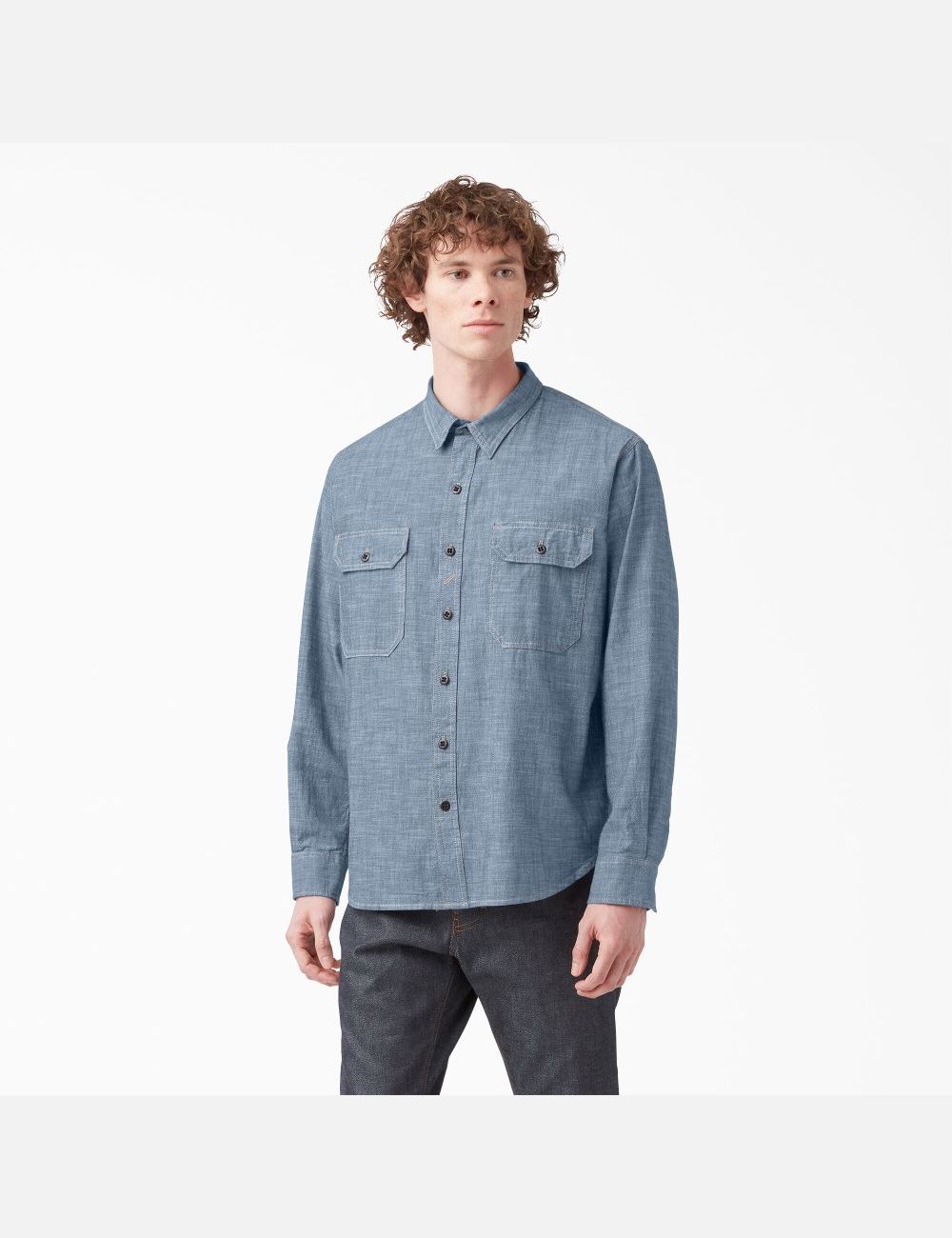 Rinsed Blue Chambray Dickies 1922 Long Sleeve Work Shirts | 945FMLCEB