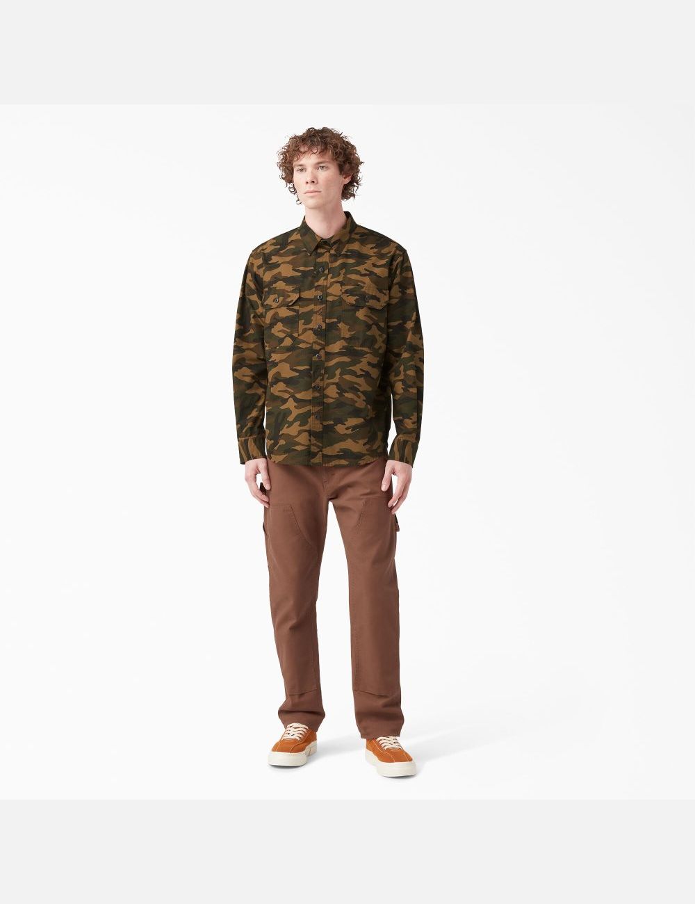 Rinsed Brown/Black Camo Dickies 1922 Long Sleeve Work Shirts | 742MDZJHT