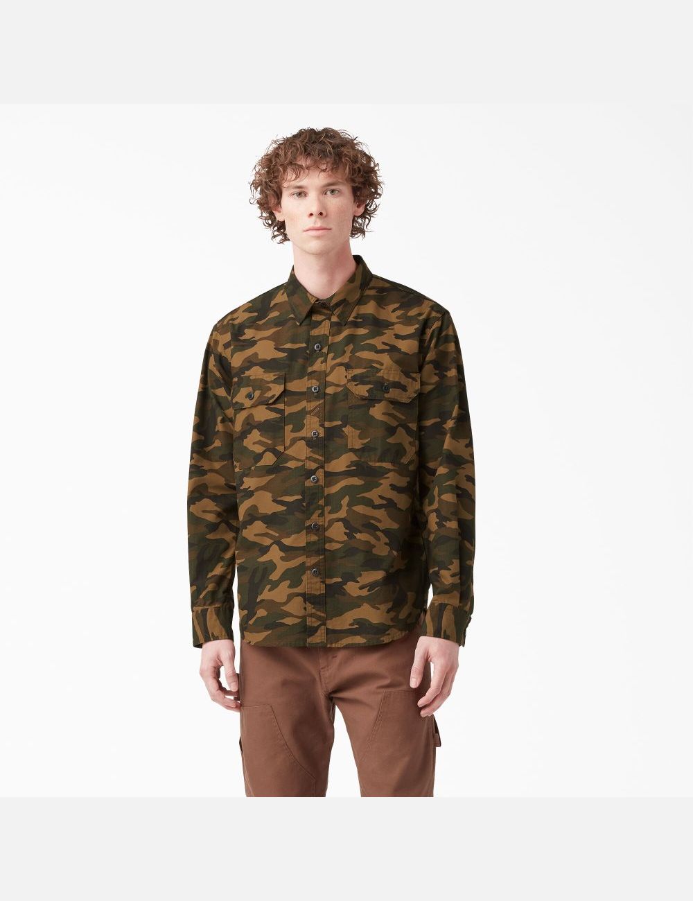 Rinsed Brown/Black Camo Dickies 1922 Long Sleeve Work Shirts | 742MDZJHT