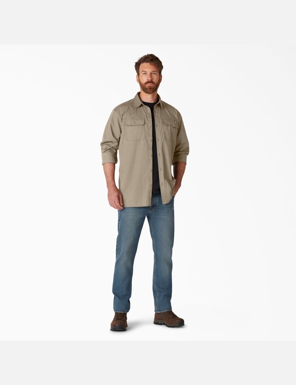 Rinsed Desert Sand Dickies FLEX Ripstop Long Sleeve Work Shirts | 581QLPKZA