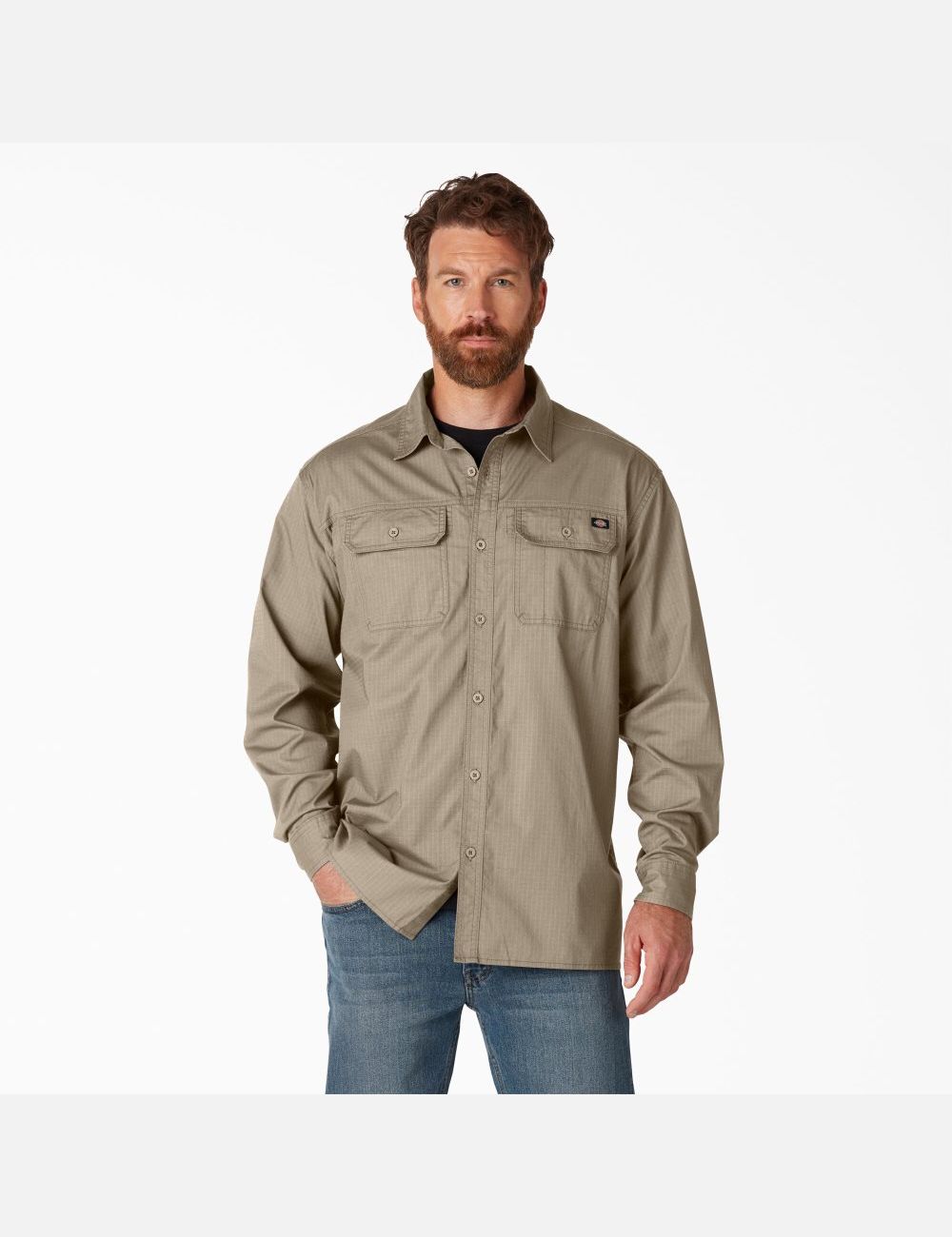 Rinsed Desert Sand Dickies FLEX Ripstop Long Sleeve Work Shirts | 581QLPKZA