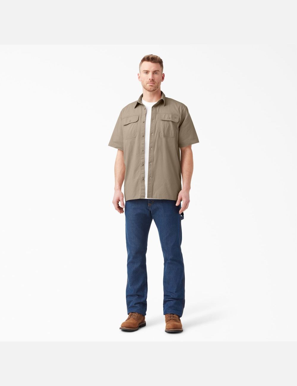 Rinsed Desert Sand Dickies Short Sleeve Ripstop Work Shirts | 537UTSXZP