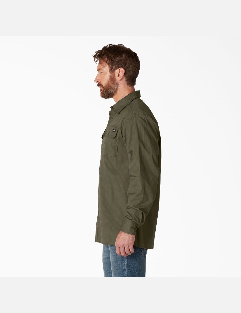 Rinsed Military Green Dickies FLEX Ripstop Long Sleeve Work Shirts | 601ETZJMW