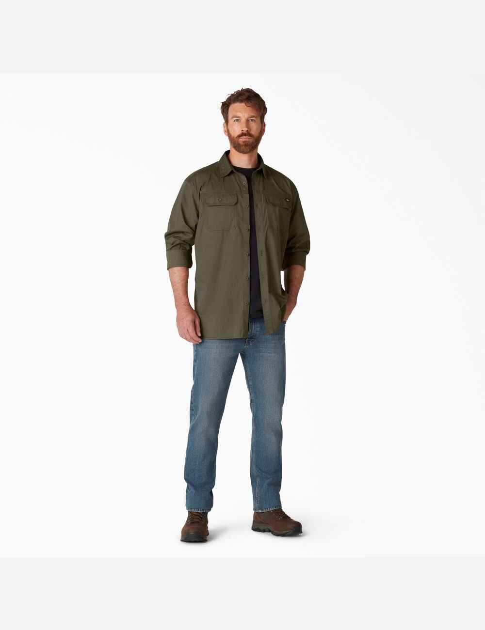 Rinsed Military Green Dickies FLEX Ripstop Long Sleeve Work Shirts | 601ETZJMW