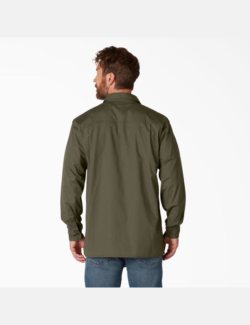 Rinsed Military Green Dickies FLEX Ripstop Long Sleeve Work Shirts | 601ETZJMW