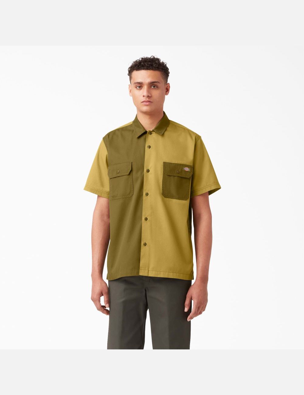 Rinsed Military/Moss Green Dickies Twill Button Up Short Sleeve Work Shirts | 850YNRMHS