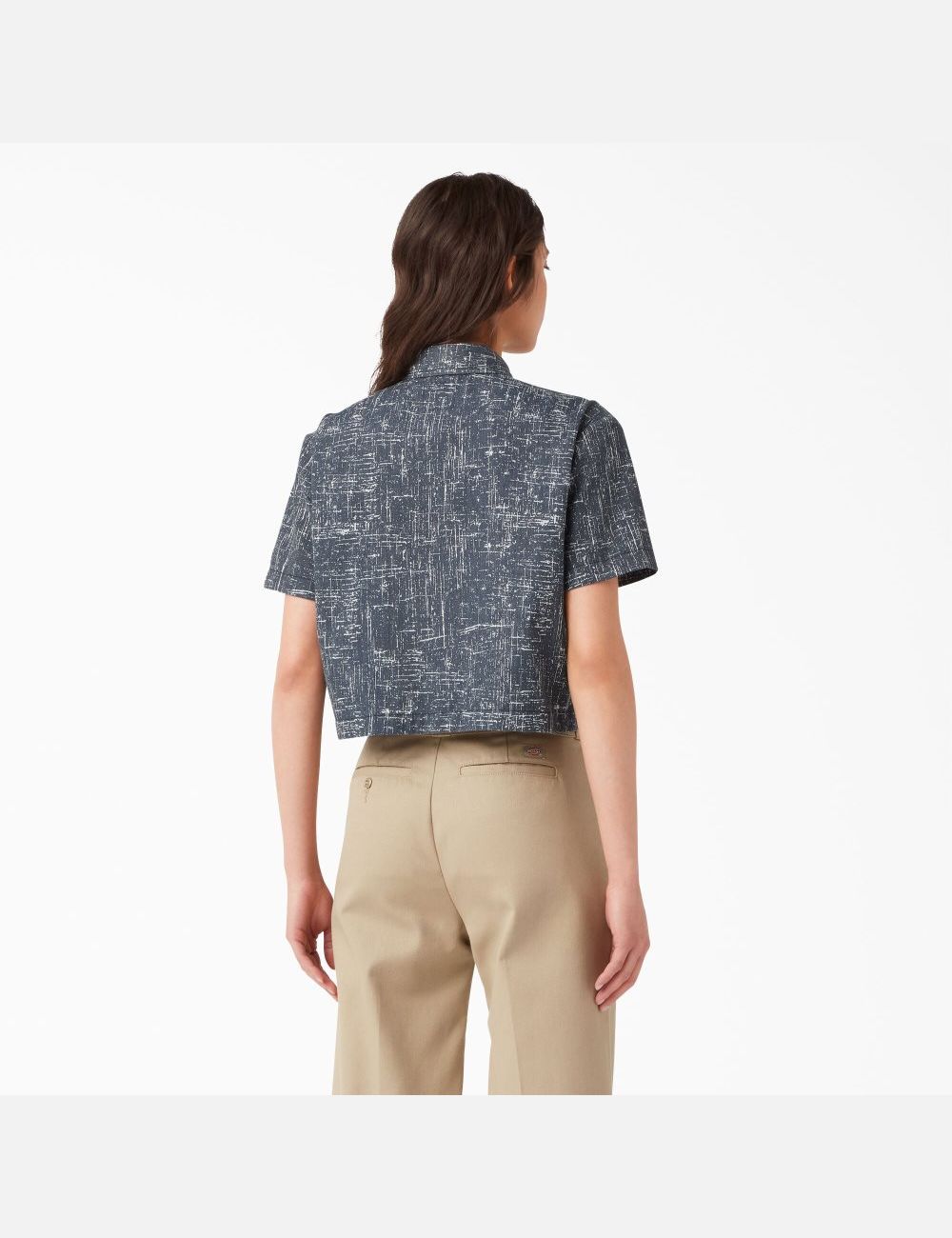 Rinsed Navy Crosshatch Dickies Cropped Short Sleeve Work Shirts | 627XISBMH