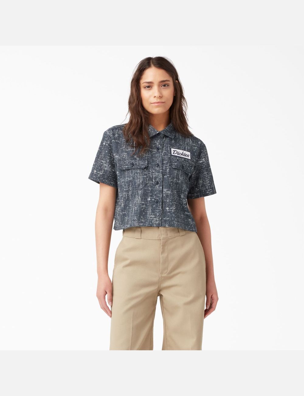 Rinsed Navy Crosshatch Dickies Cropped Short Sleeve Work Shirts | 627XISBMH