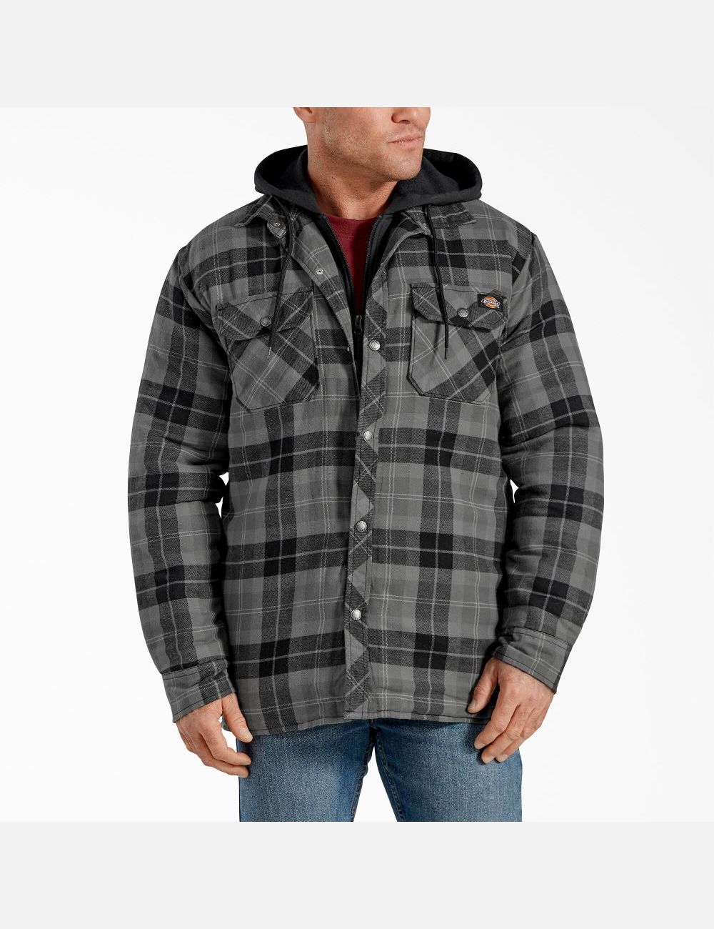 Slate Graphite Plaid Dickies Relaxed Icon Hooded Quilted Flannel Coats & Jackets | 526SVAIWL